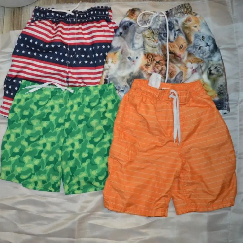 Swim Suit Trunks Bathing Lot of 4 Boys 10-12 Cats Golf Patriotic USA American
